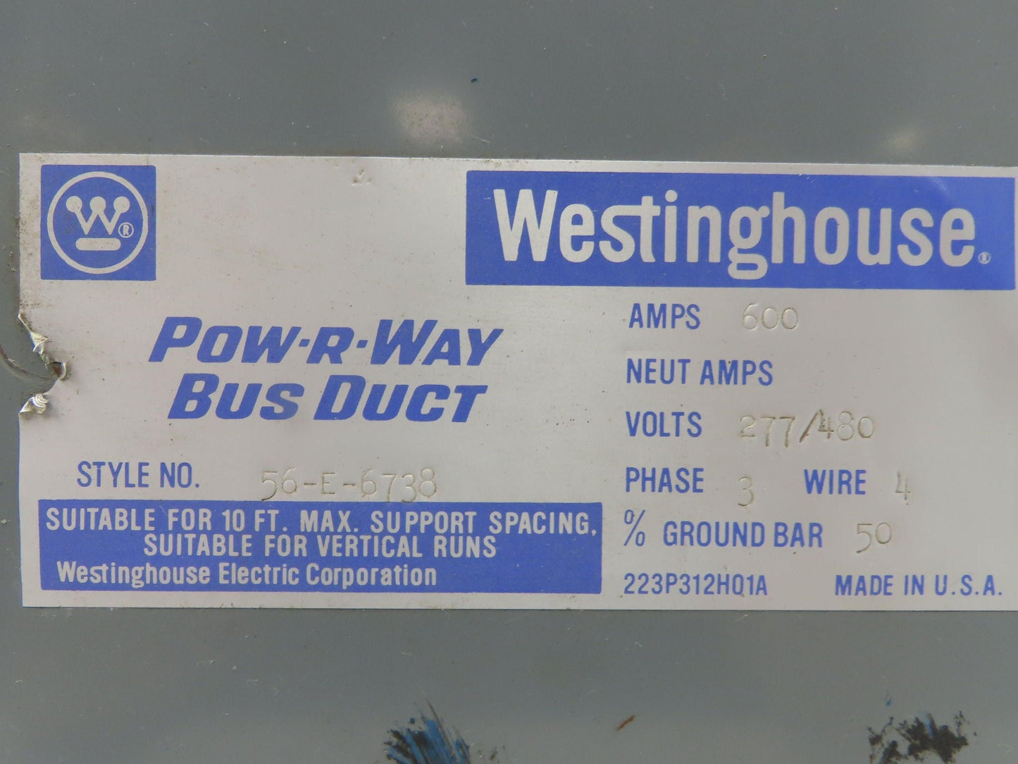 Westinghouse 56-E-6738 Pow-R-Way Busway 600A 277/480V 3P 4W Lug End Tap Box