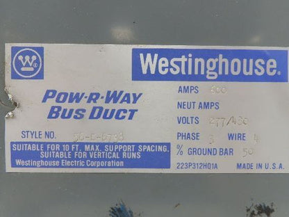 Westinghouse 56-E-6738 Pow-R-Way Busway 600A 277/480V 3P 4W Lug End Tap Box