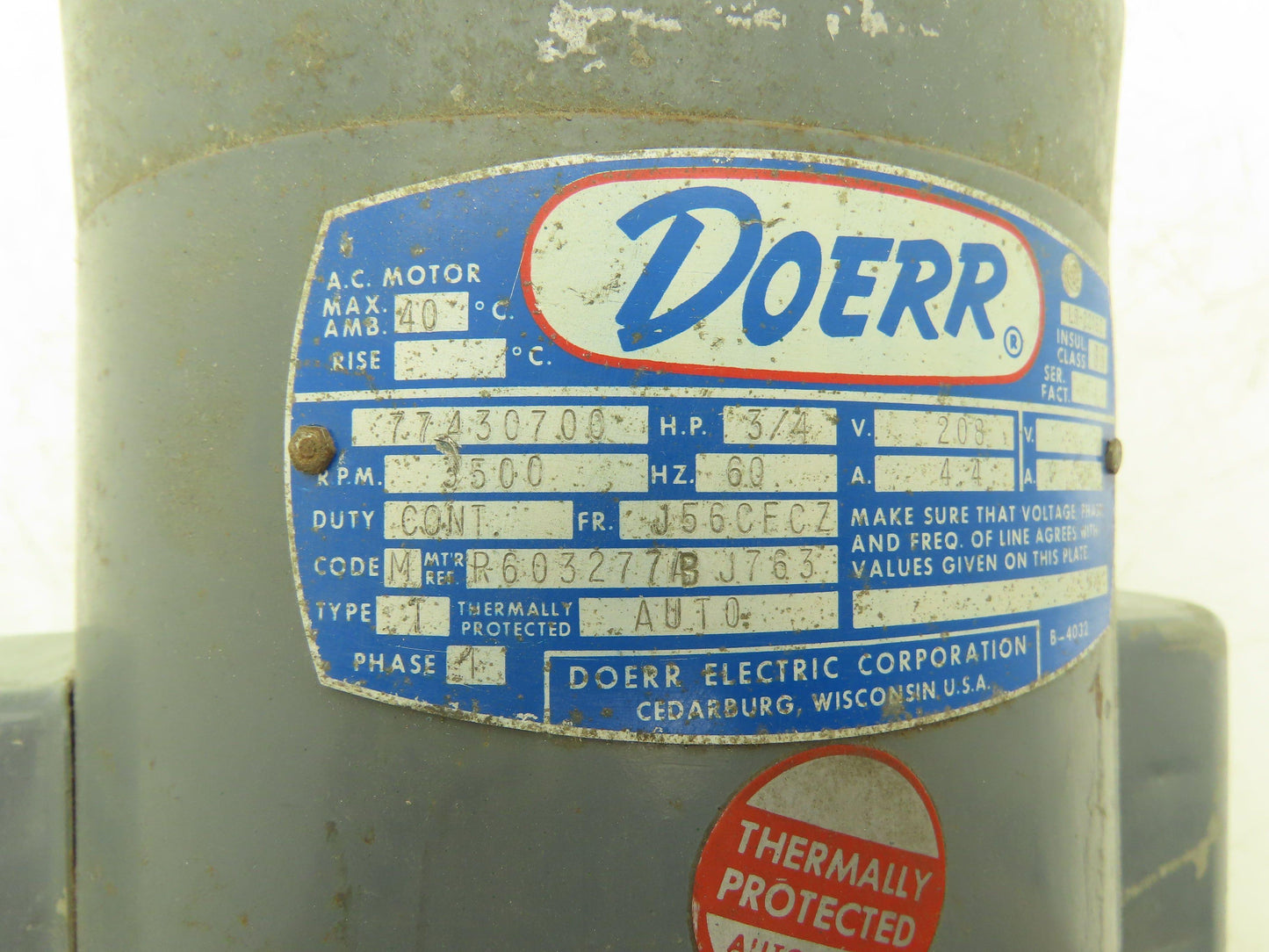 Doerr LR22132 AC Electric Motor 3/4Hp 3500rpm 208v 1Ph J56CECZ Frame