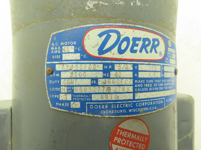 Doerr LR22132 AC Electric Motor 3/4Hp 3500rpm 208v 1Ph J56CECZ Frame