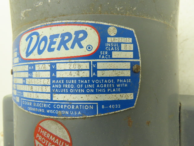 Doerr LR22132 AC Electric Motor 3/4Hp 3500rpm 208v 1Ph J56CECZ Frame