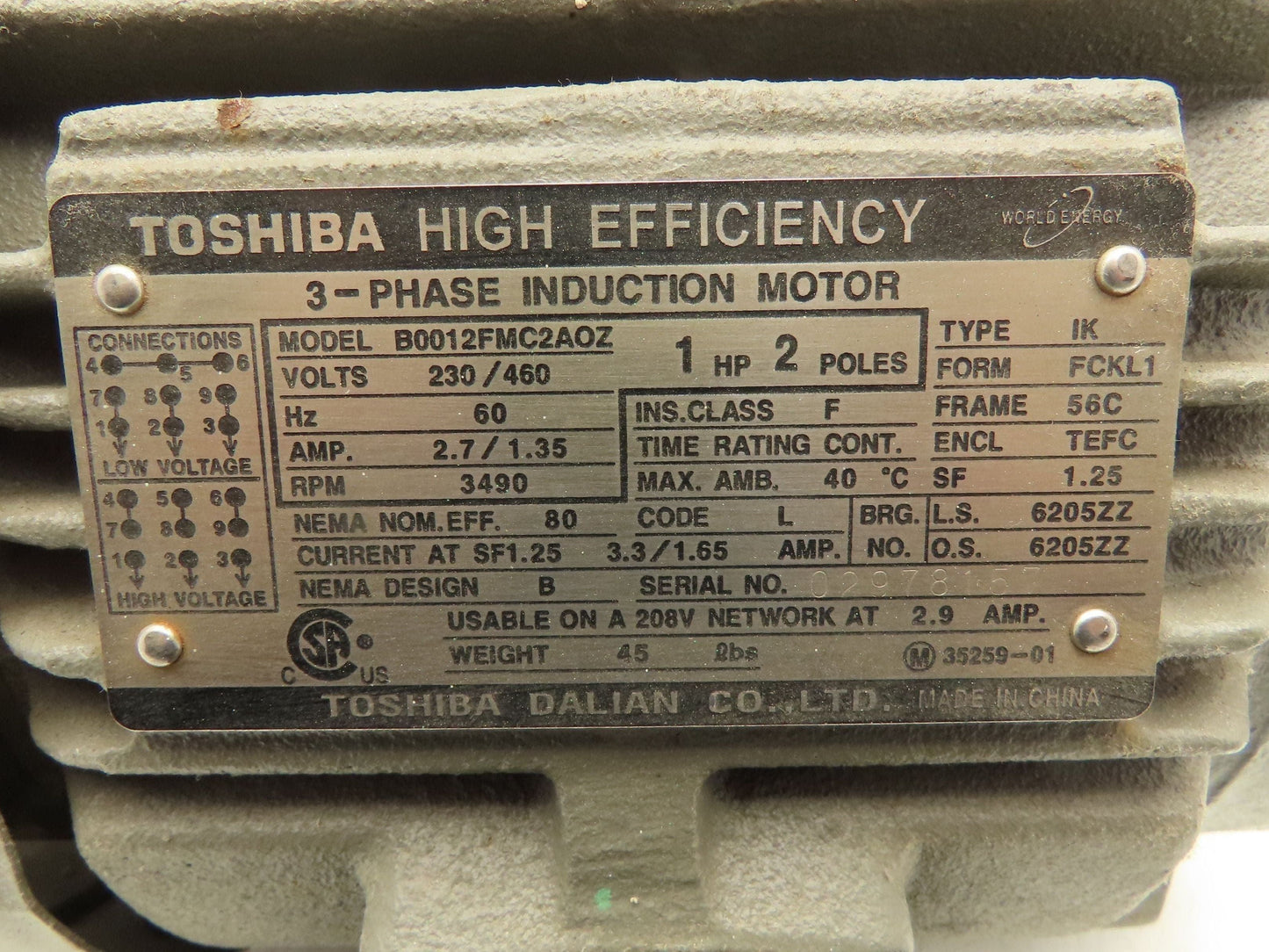Toshiba B0012FMC2AOZ AC Electric Motor 1Hp 3490rpm 230/460v 3Ph 56C TEFC 1.25SF