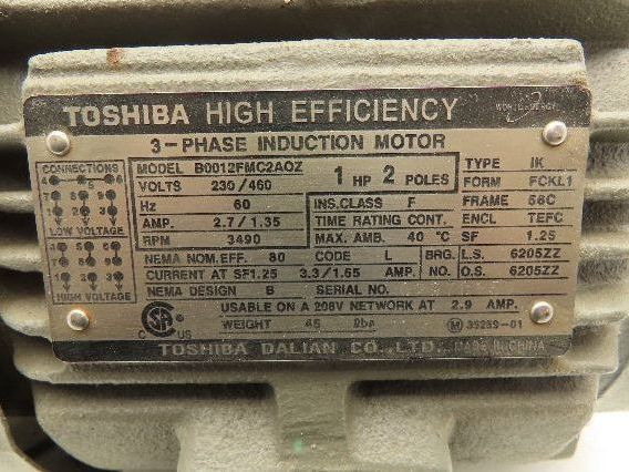 Toshiba B0012FMC2AOZ AC Electric Motor 1Hp 3490rpm 230/460v 3Ph 56C TEFC 1.25SF