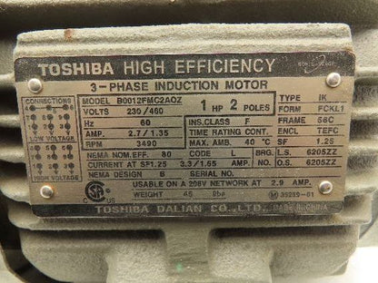 Toshiba B0012FMC2AOZ AC Electric Motor 1Hp 3490rpm 230/460v 3Ph 56C TEFC 1.25SF