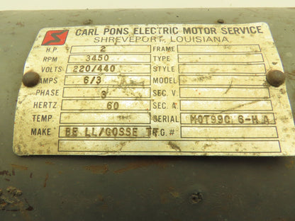 Carl Pons Electric Motor Service AC Electric Motor 2Hp 3450rpm 220/440v 3Ph 56C