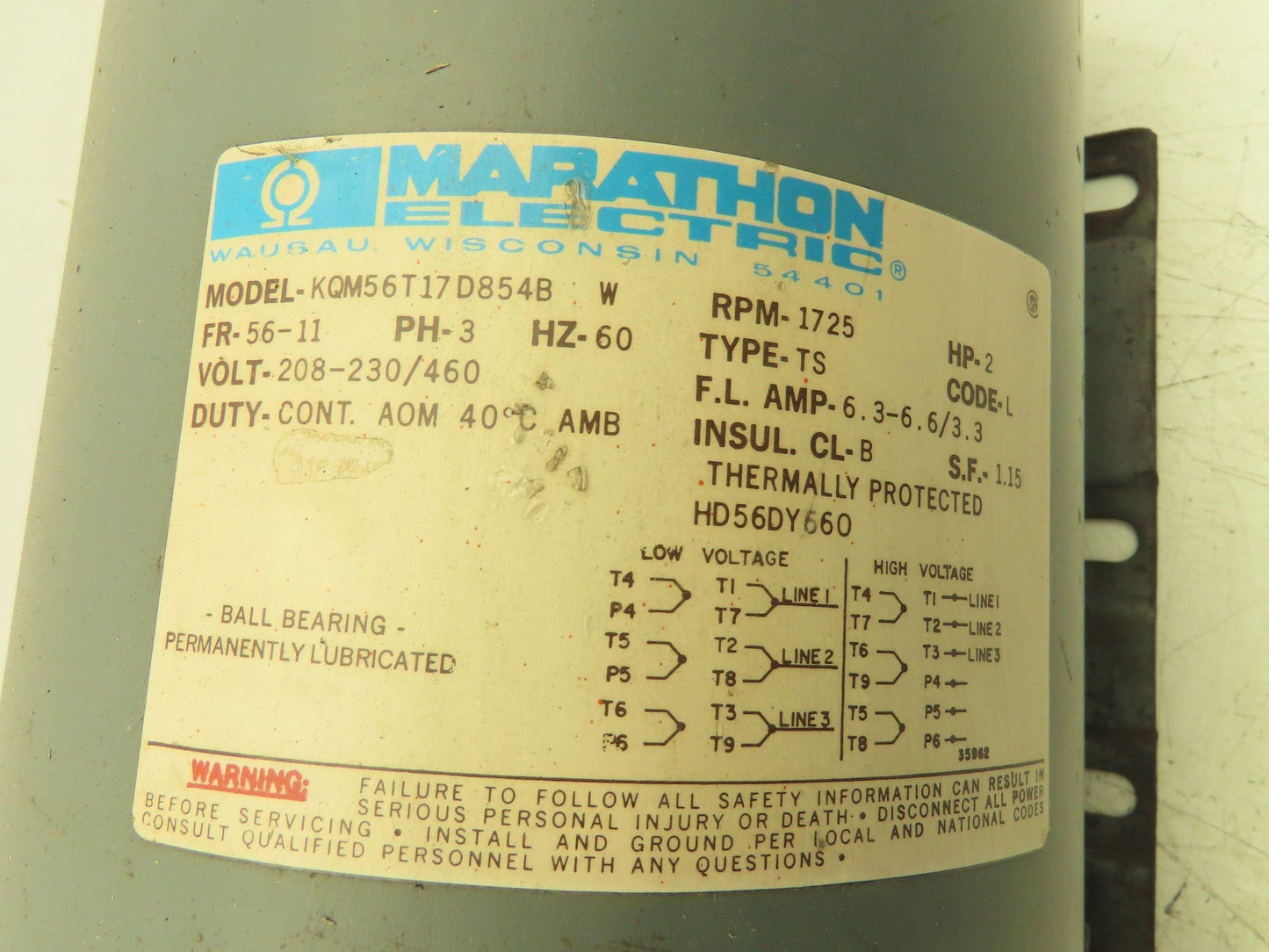 Marathon KQM56T17D854B AC Electric Motor 2Hp 1725rpm 230/460v 56 Frame 7/8"Shaft