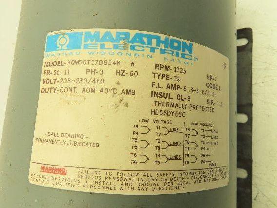 Marathon KQM56T17D854B AC Electric Motor 2Hp 1725rpm 230/460v 56 Frame 7/8"Shaft