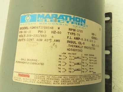 Marathon KQM56T17D854B AC Electric Motor 2Hp 1725rpm 230/460v 56 Frame 7/8"Shaft