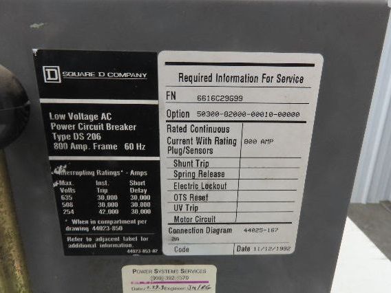 Square D DS 206 Air AC Circuit Breaker 600VAC 800A 3 Pole Amptector I-A