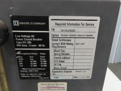 Square D DS 206 Air AC Circuit Breaker 600VAC 800A 3 Pole Amptector I-A