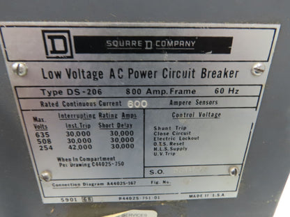 Square D DS 206 Air AC Circuit Breaker 600VAC 600A 3 Pole Amptector I-A