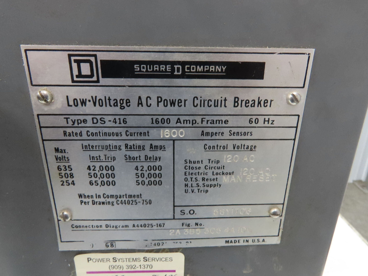 Square D DS 416 Air AC Circuit Breaker 600VAC 1600A 3 Pole Amptector I-A