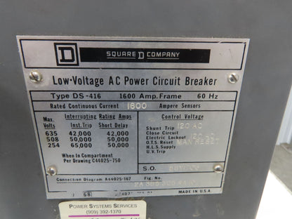 Square D DS 416 Air AC Circuit Breaker 600VAC 1600A 3 Pole Amptector I-A