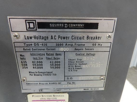 Square D DS 416 Air AC Circuit Breaker 600VAC 1600A 3 Pole Amptector I-A