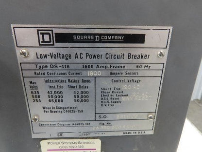 Square D DS 416 Air AC Circuit Breaker 600VAC 1600A 3 Pole Amptector I-A