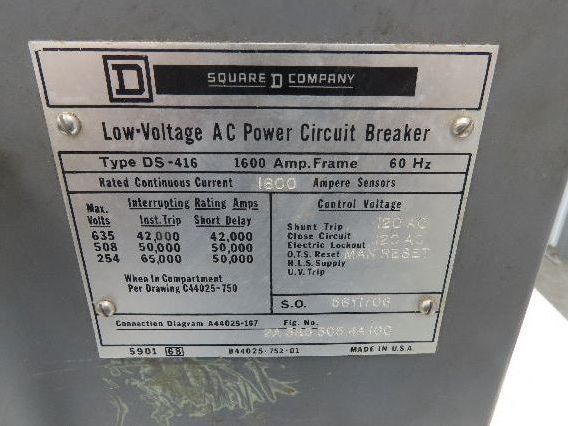 Square D DS 416 Air AC Circuit Breaker 600VAC 1600A 3 Pole Amptector I-A