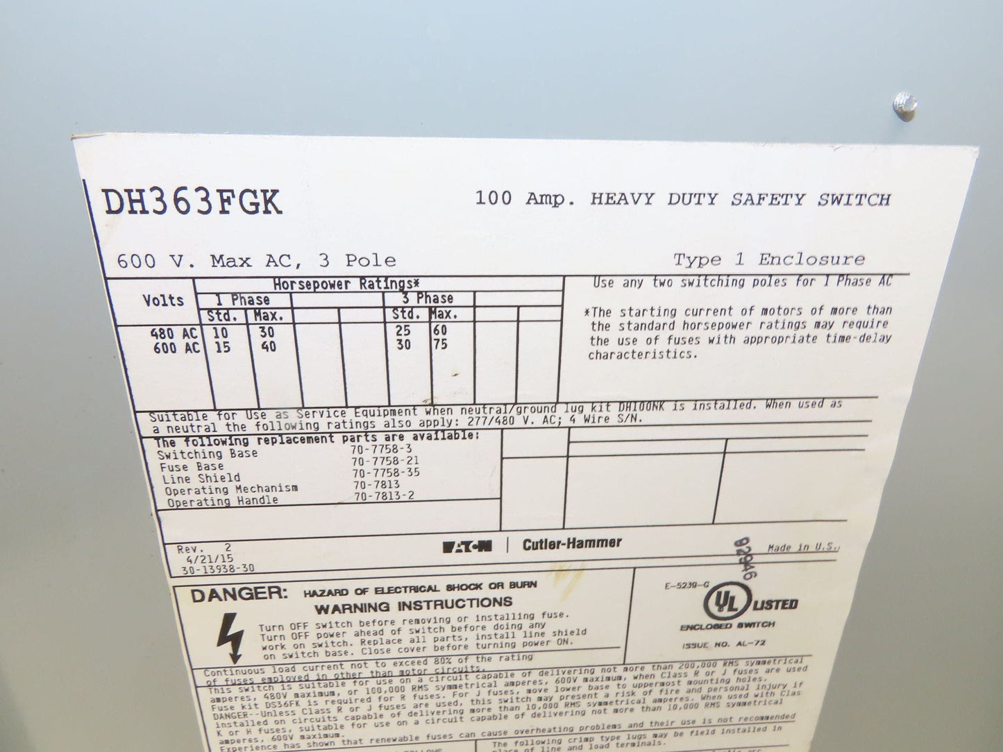 Eaton DH363FGK 100A Fusible Safety Switch 3-Pole 600V Nema 1