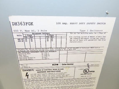 Eaton DH363FGK 100A Fusible Safety Switch 3-Pole 600V Nema 1