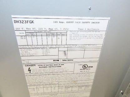 Eaton DH323FGK 100A Fusible Safety Switch 3-Pole 240V Nema 1