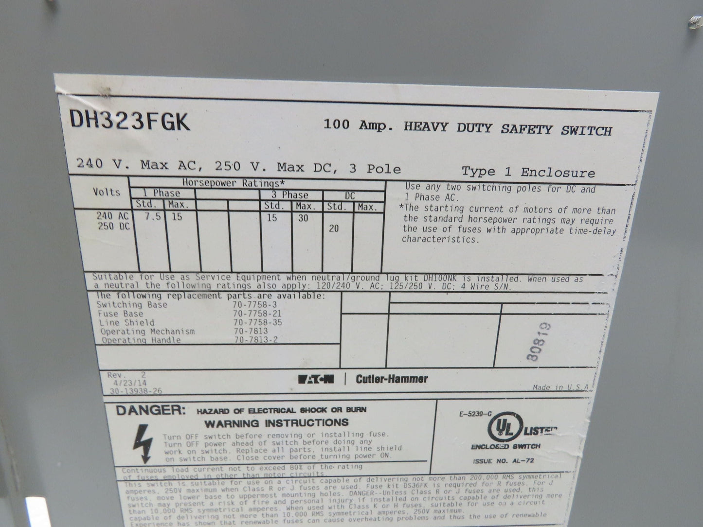 Eaton DH323FGK 100A Fusible Safety Switch 3-Pole 240V Nema 1