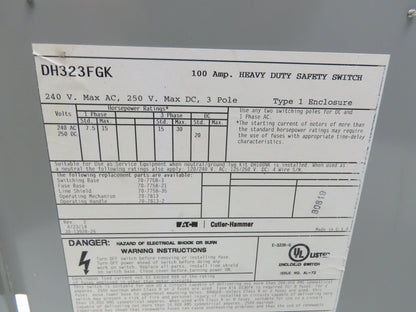 Eaton DH323FGK 100A Fusible Safety Switch 3-Pole 240V Nema 1