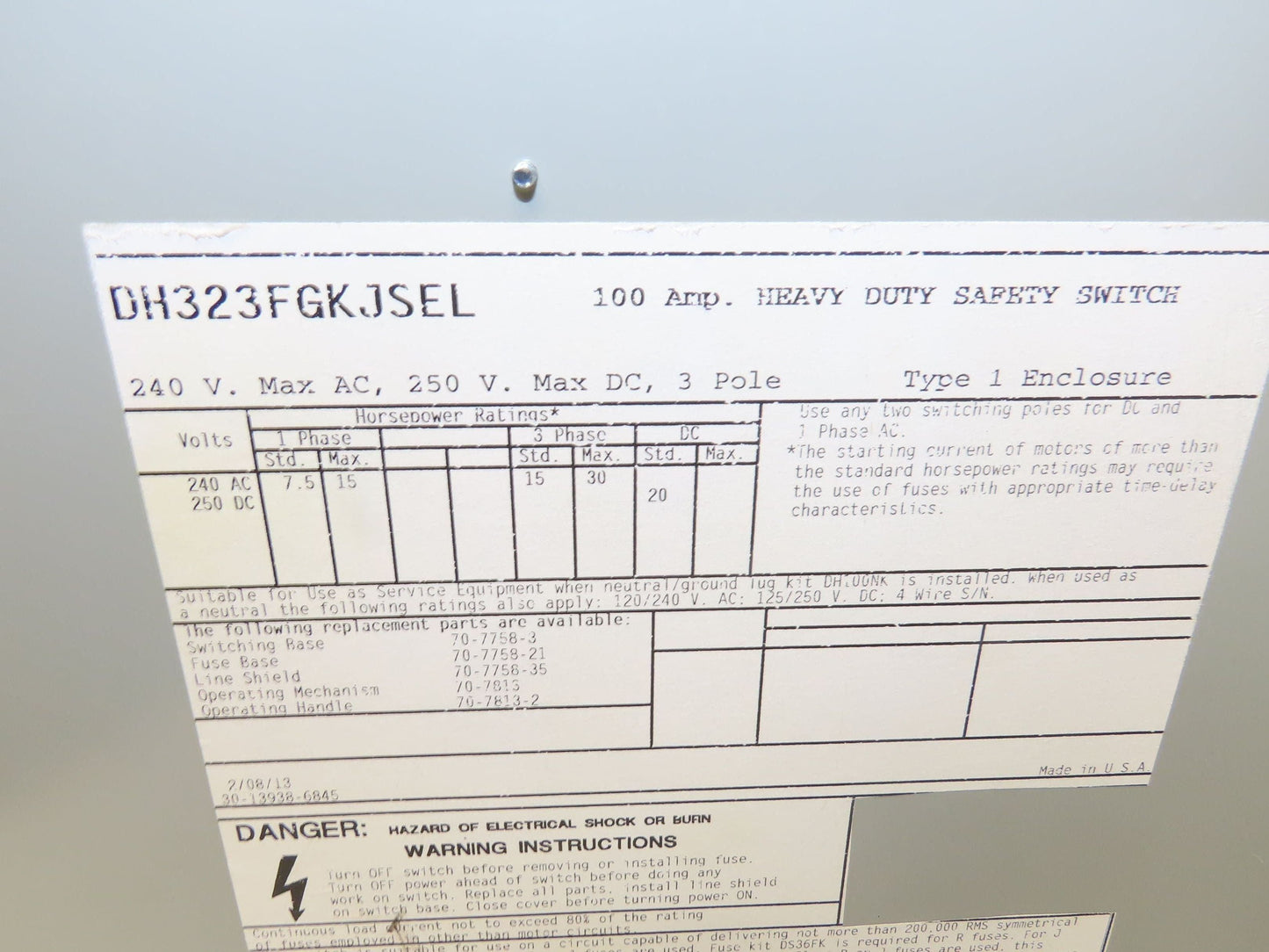 Eaton DH323FGKJSEL Fusible Disconnect Safety Switch 100A 240V 3Ph