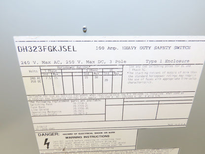 Eaton DH323FGKJSEL Fusible Disconnect Safety Switch 100A 240V 3Ph