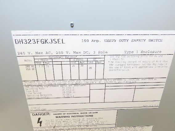 Eaton DH323FGKJSEL Fusible Disconnect Safety Switch 100A 240V 3Ph