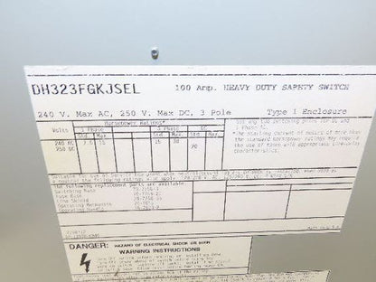 Eaton DH323FGKJSEL Fusible Disconnect Safety Switch 100A 240V 3Ph