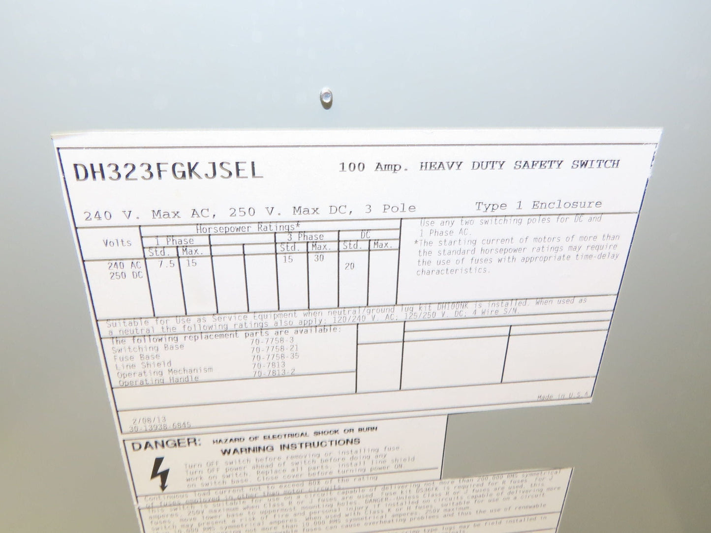 Eaton DH323FGKJSEL Fusible Disconnect Safety Switch 100A 240V 3Ph