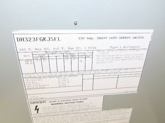 Eaton DH323FGKJSEL Fusible Disconnect Safety Switch 100A 240V 3Ph
