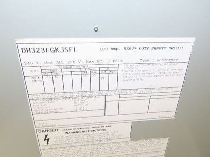 Eaton DH323FGKJSEL Fusible Disconnect Safety Switch 100A 240V 3Ph