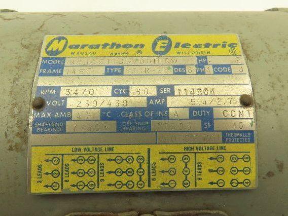 Marathon Electric BB145TTDR7001ECW AC Motor 2Hp 3470rpm 230/460v 3PH 145T