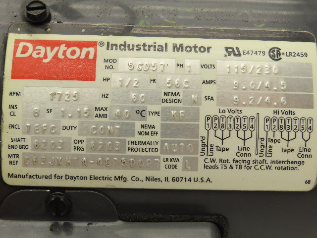 Dayton 5GD57 AC Motor 1/2Hp 1725 RPM 115/230V 1PH 56C *No Capacitor*