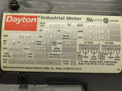 Dayton 5GD57 AC Motor 1/2Hp 1725 RPM 115/230V 1PH 56C *No Capacitor*