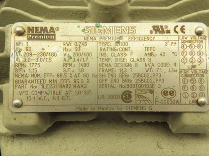 Siemens SD100 AC Electric Motor 1Hp 1775rpm 230/460v 3Ph 143T Frame TEFC