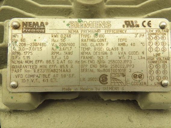 Siemens SD100 AC Electric Motor 1Hp 1775rpm 230/460v 3Ph 143T Frame TEFC