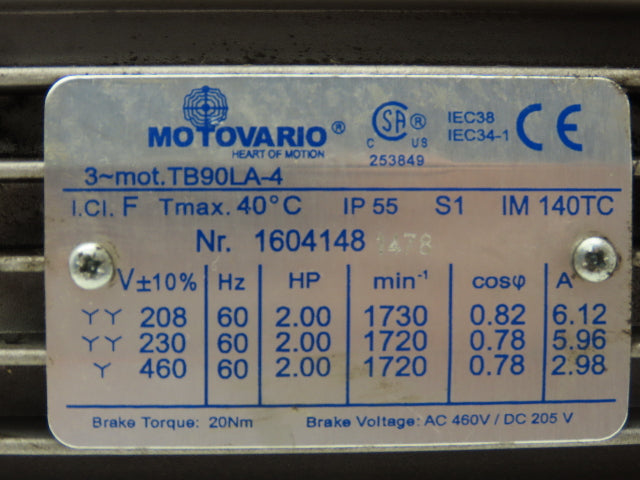 Motovario TB90LA-4 Brake Motor 2Hp 1720 RPM 230/460VAC 3PH 140TC