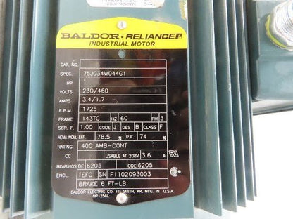 Baldor Reliance 75J034W044G1 Brake Motor 1Hp 1725 RPM 230/460VAC 3PH 143TC
