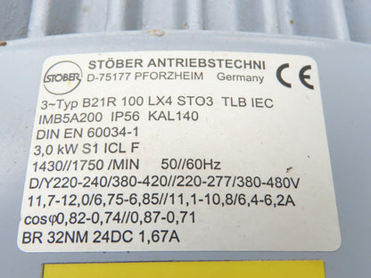 Stober B21R100LX4ST03 Brake Gear Motor 8.4 Reducer 208rpm 4Hp 480V 3PH K302 100L
