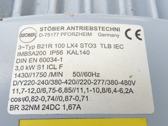 Stober B21R100LX4ST03 Brake Gear Motor 8.4 Reducer 208rpm 4Hp 480V 3PH K302 100L