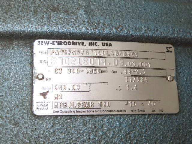 Sew Eurodrive FA157R97DT100L4BMG4HR Gear Motor 680:1 Reducer 2.6rpm 5Hp 460V 3PH