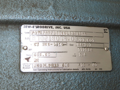 Sew Eurodrive FA157R97DT100L4BMG4HR Gear Motor 680:1 Reducer 2.6rpm 5Hp 460V 3PH