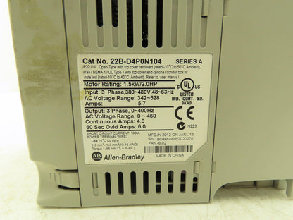 Allen Bradley 22B-D4P0N104 Powerflex 40 VFD AC Drive 1.5kw 2Hp 480V 3Ph FRN 6.02