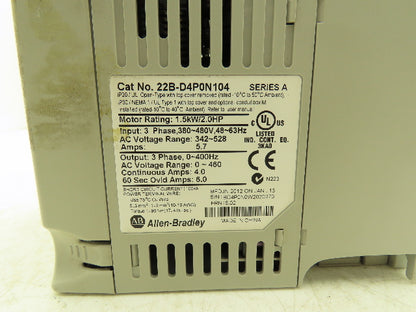 Allen Bradley 22B-D4P0N104 Powerflex 40 VFD AC Drive 1.5kw 2Hp 480V 3Ph FRN 6.02