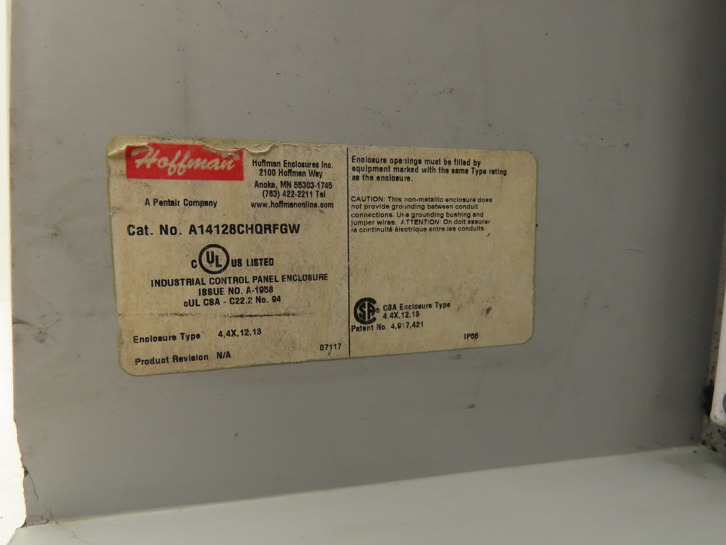 Hoffman A14128CHQRFGW Electrical Enclosure Junction Box 14x12x6" Disconnect