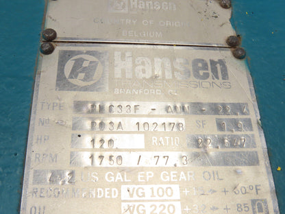 Hansen Transmission Gear Reducer 22.6:1 Gearbox 120Hp 77.3 RPM RLC33F-ANN-22.4