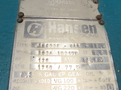 Hansen Transmission Gear Reducer 22.6:1 Gearbox 120Hp 77.3 RPM RLC33F-ANN-22.4