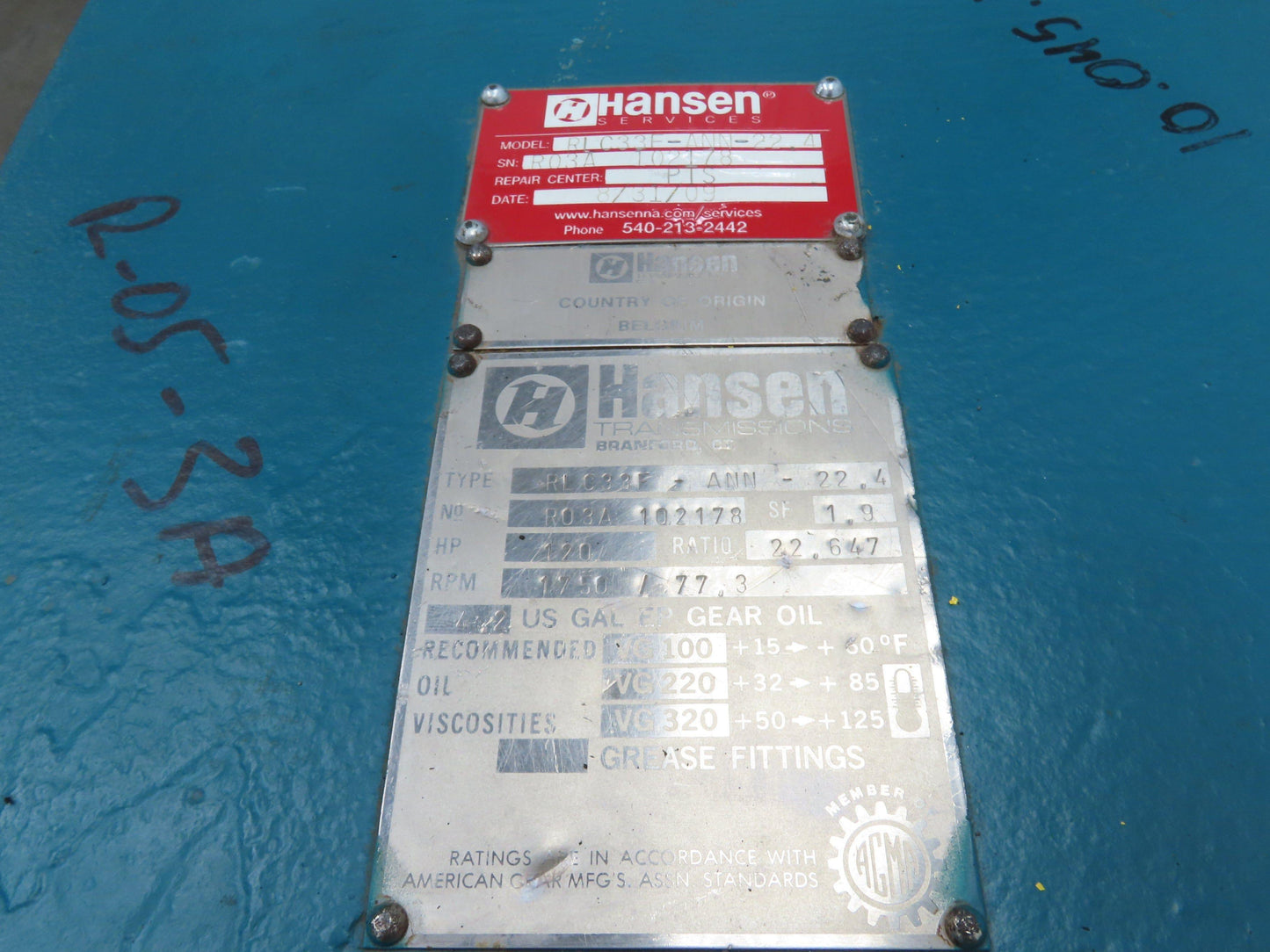 Hansen Transmission Gear Reducer 22.6:1 Gearbox 120Hp 77.3 RPM RLC33F-ANN-22.4