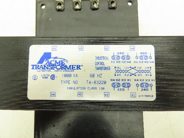 Acme TA-83220 Industrial Control Transformer 1kVA 240/480v Pri 120/240v Sec 1Ph